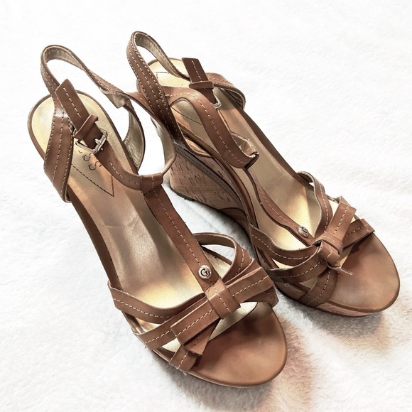 Guess Cork Wedge Sandals Leather Strappy Brown Bow Tan Size 8.5 M 5” Heel - Picture 8 of 10